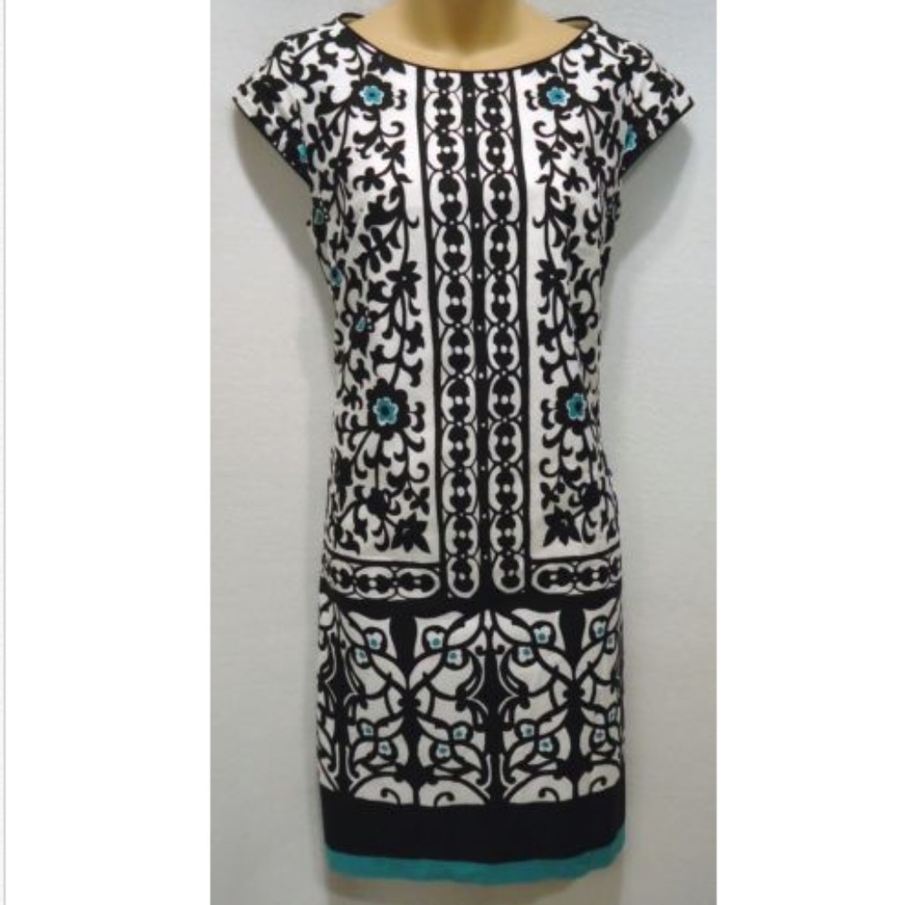 Liz Claiborne Dress Sheath Floral Black White Teal